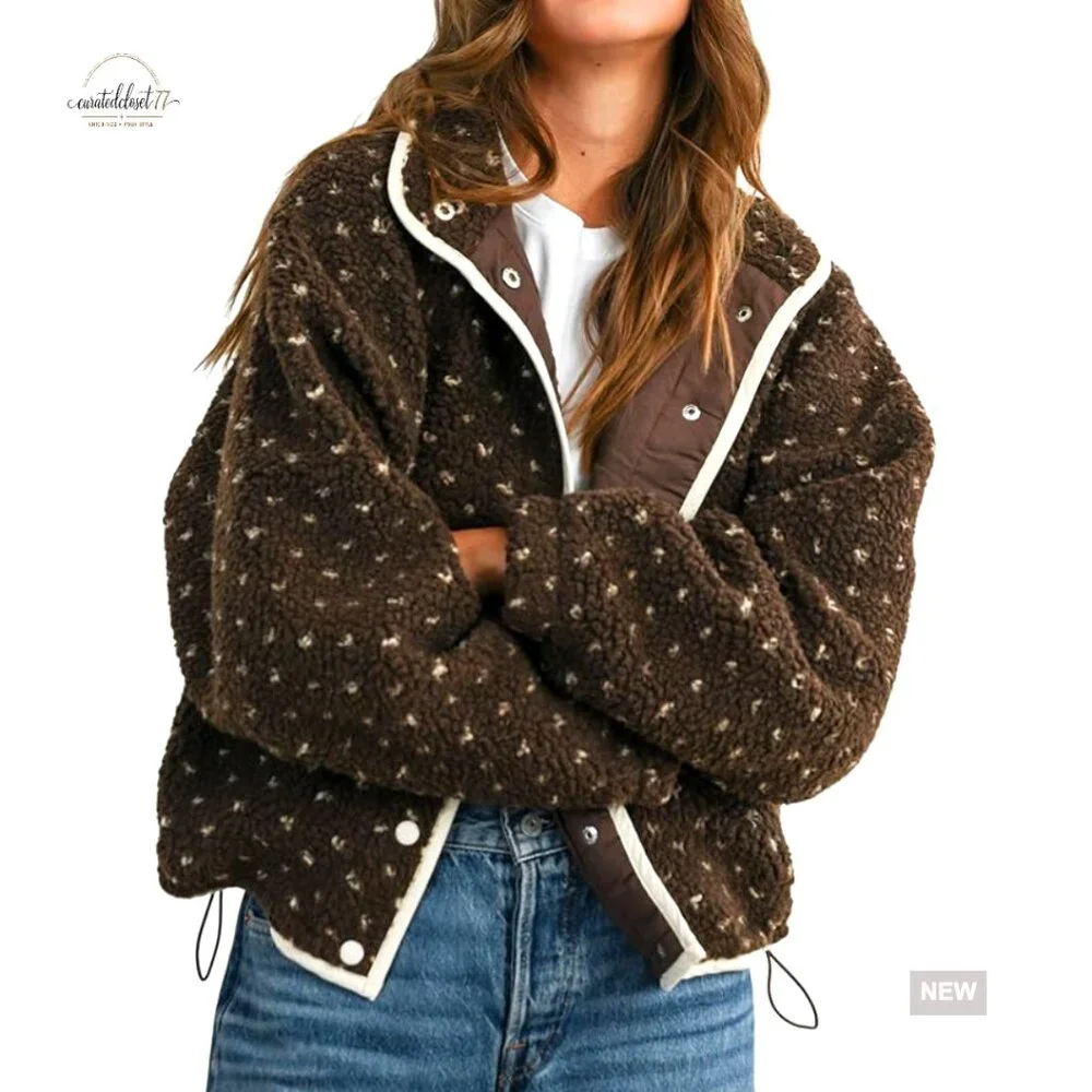 Women's Fleece Jacket Button Down Lapel Collar Sherpa Quilted Outerwear - Picture 1 of 7